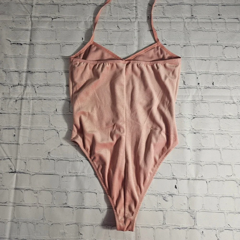 Dreamgirl Pink‎ Velour Halter Neck Thong Bodysuit Lingerie Size M/L Shimmer